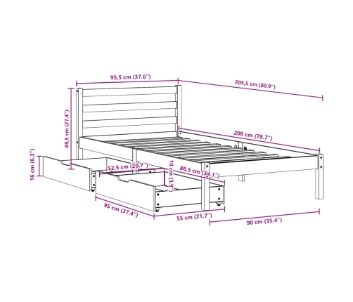 Estructura de cama sin colchón madera maciza de pino 90x200 cm