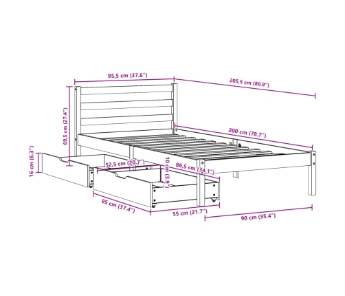 Estructura de cama sin colchón madera de pino blanca 90x200 cm