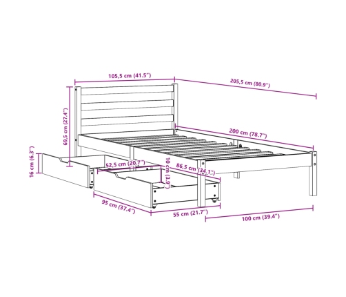 Estructura de cama sin colchón madera maciza de pino 100x200 cm