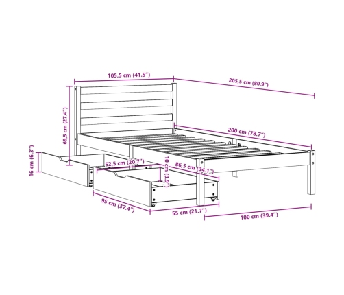 Estructura cama sin colchón madera maciza pino blanca 100x200cm