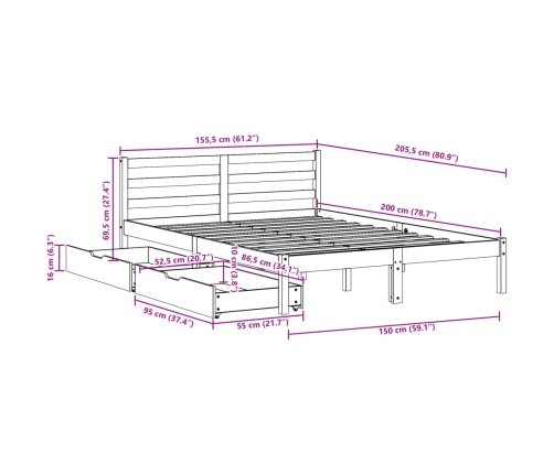 Estructura de cama sin colchón madera de pino blanca 150x200 cm