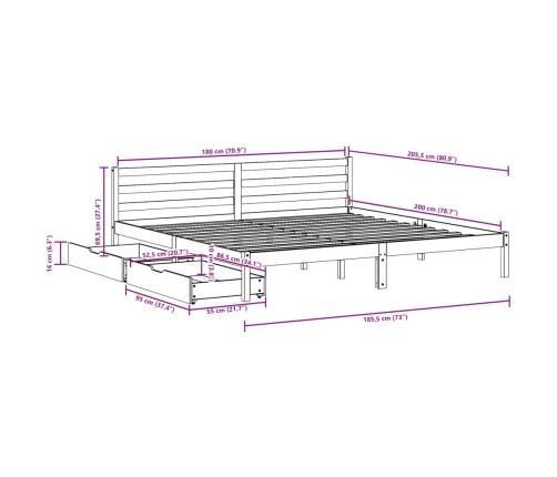 Estructura de cama sin colchón madera maciza de pino 180x200 cm