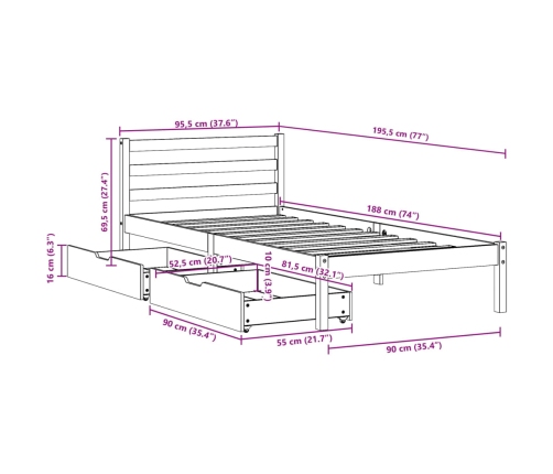 Estructura de cama sin colchón madera maciza marrón 90x190 cm