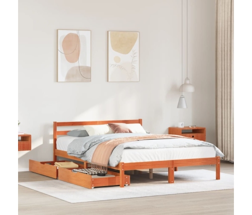 Cama sin colchón madera maciza de pino marrón cera 140x190 cm