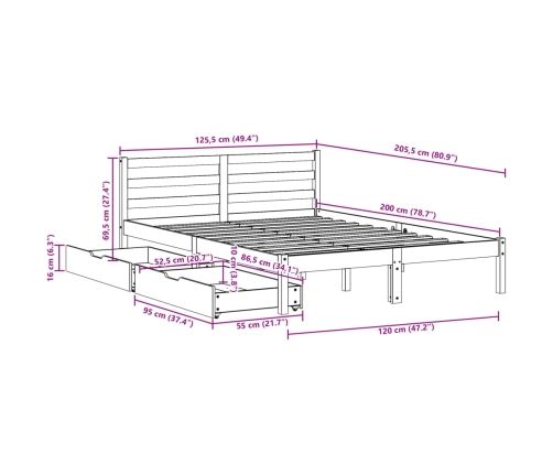 Cama sin colchón madera maciza de pino marrón cera 120x200 cm