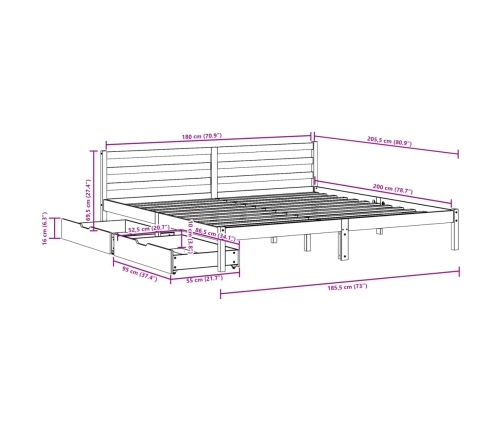 Cama sin colchón madera maciza de pino marrón cera 180x200 cm