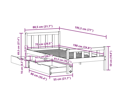 Estructura de cama sin colchón madera maciza pino 75x190 cm