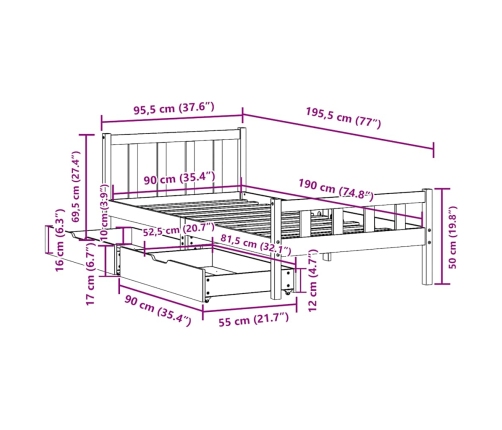 Estructura de cama sin colchón madera maciza de pino 90x190 cm