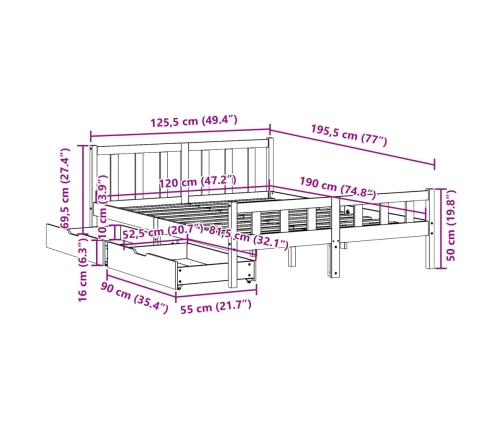 Estructura de cama sin colchón madera maciza de pino 120x190 cm