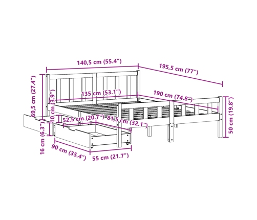 Estructura de cama sin colchón madera maciza de pino 135x190 cm