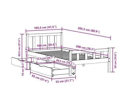 Estructura de cama sin colchón madera maciza de pino 100x200 cm