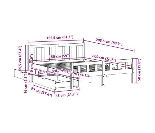 Estructura de cama sin colchón madera de pino blanca 150x200 cm