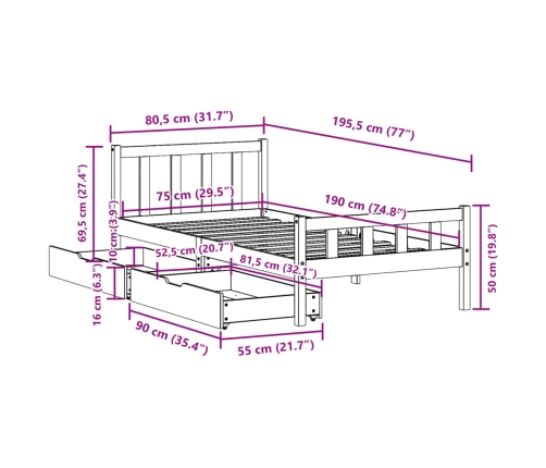 Estructura de cama sin colchón madera maciza marrón 75x190 cm