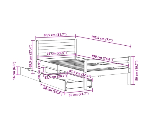 Estructura de cama sin colchón madera maciza pino 75x190 cm