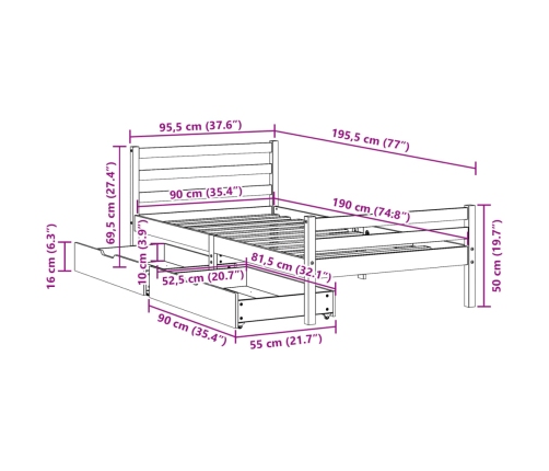 Estructura de cama sin colchón madera maciza blanca 90x190 cm