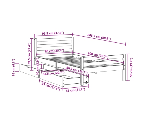 Estructura de cama sin colchón madera maciza de pino 90x200 cm