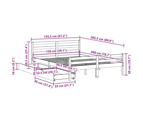 Estructura de cama sin colchón madera de pino blanca 150x200 cm