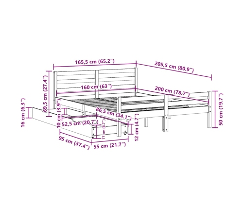 Estructura de cama sin colchón madera maciza de pino 160x200 cm