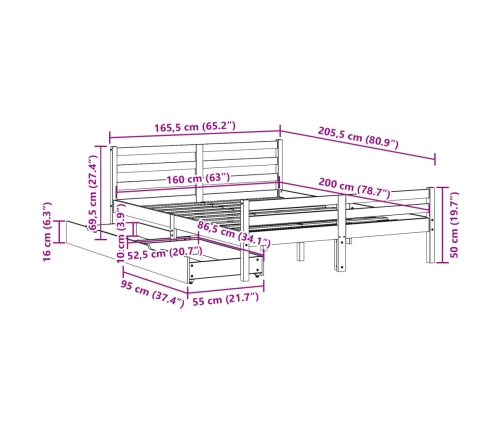 Estructura de cama sin colchón madera maciza de pino 160x200 cm