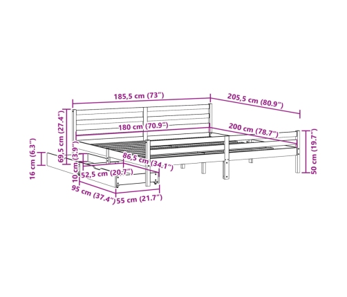 Estructura de cama sin colchón madera maciza de pino 180x200 cm