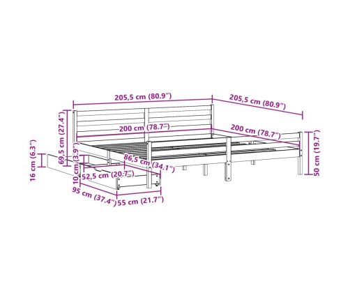 Estructura de cama sin colchón madera maciza de pino 200x200 cm