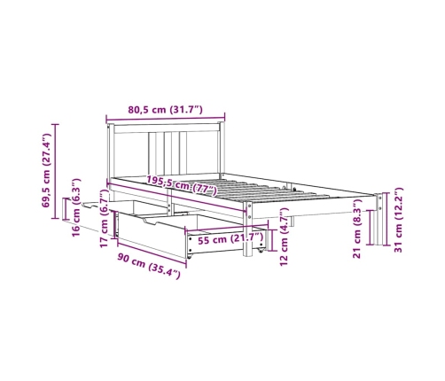 Estructura de cama sin colchón madera maciza pino 75x190 cm
