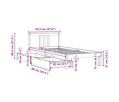 Estructura de cama sin colchón madera maciza de pino 90x190 cm