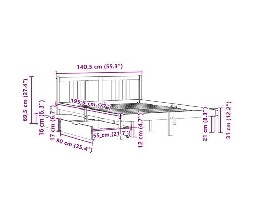 Estructura de cama sin colchón madera maciza de pino 135x190 cm