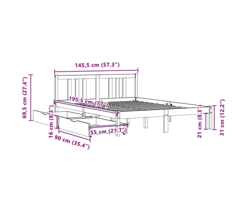 Estructura de cama sin colchón madera maciza de pino 140x190 cm