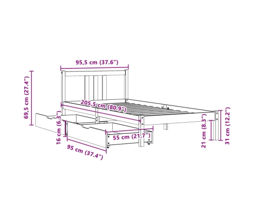 Estructura de cama sin colchón madera maciza de pino 90x200 cm