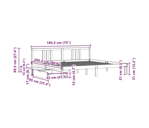 Estructura de cama sin colchón madera maciza de pino 180x200 cm