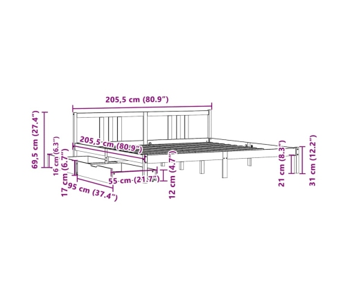 Estructura de cama sin colchón madera maciza de pino 200x200 cm