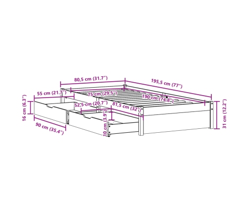 Estructura de cama sin colchón madera maciza pino 75x190 cm