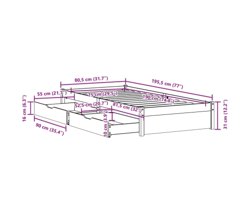 Estructura de cama sin colchón madera maciza blanca 75x190 cm