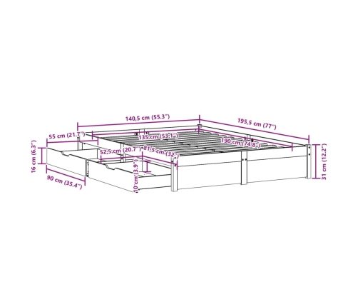 Estructura de cama sin colchón madera maciza de pino 135x190 cm