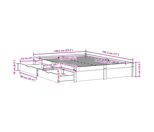 Estructura de cama sin colchón madera de pino blanco 135x190 cm