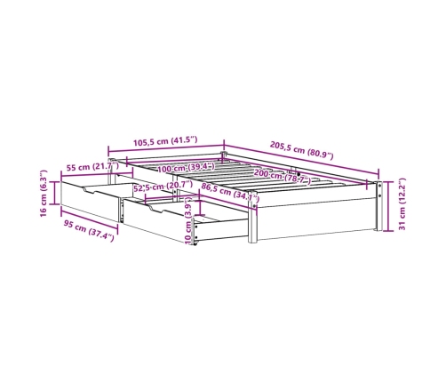 Estructura de cama sin colchón madera maciza de pino 100x200 cm