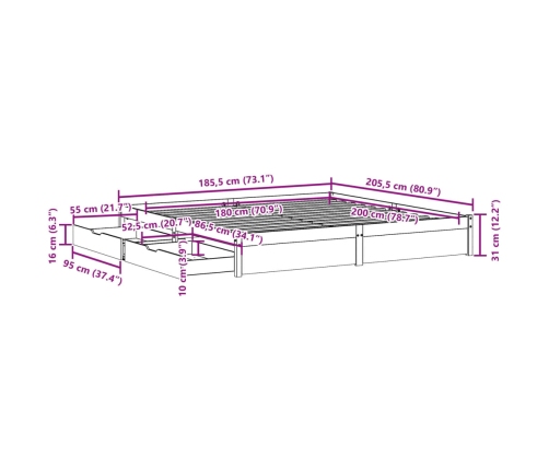 Estructura de cama sin colchón madera maciza de pino 180x200 cm