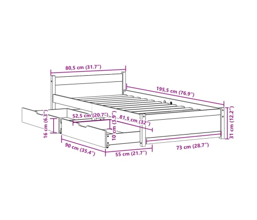 Estructura de cama sin colchón madera maciza pino 75x190 cm