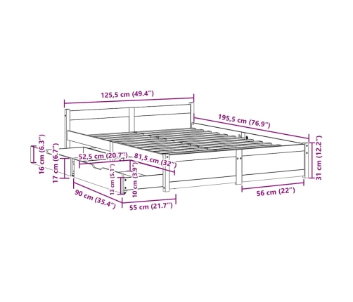 Estructura de cama sin colchón madera maciza de pino 120x190 cm