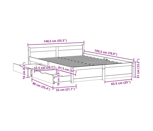Estructura de cama sin colchón madera maciza de pino 135x190 cm