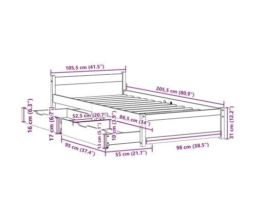 Estructura de cama sin colchón madera maciza de pino 100x200 cm