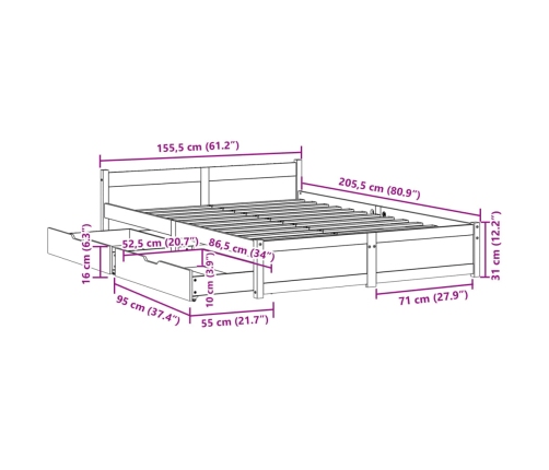 Estructura de cama sin colchón madera de pino blanca 150x200 cm