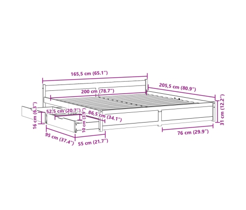 Estructura de cama sin colchón madera maciza de pino 160x200 cm