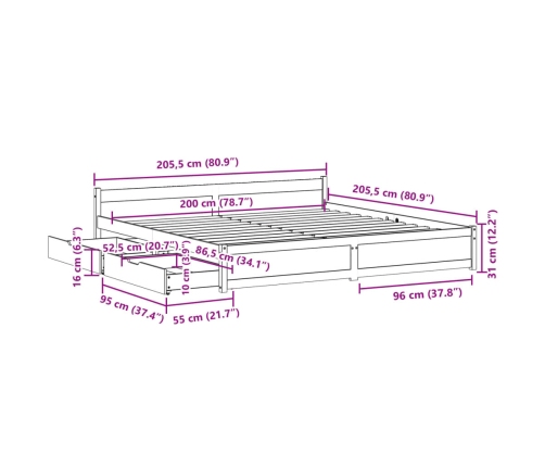 Estructura de cama sin colchón madera maciza de pino 200x200 cm