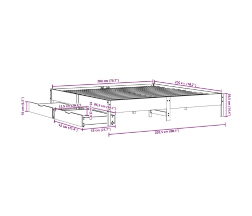 Cama sin colchón madera maciza de pino marrón cera 200x200 cm