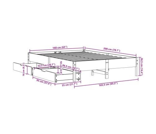 Estructura de cama sin colchón madera maciza de pino 160x200 cm