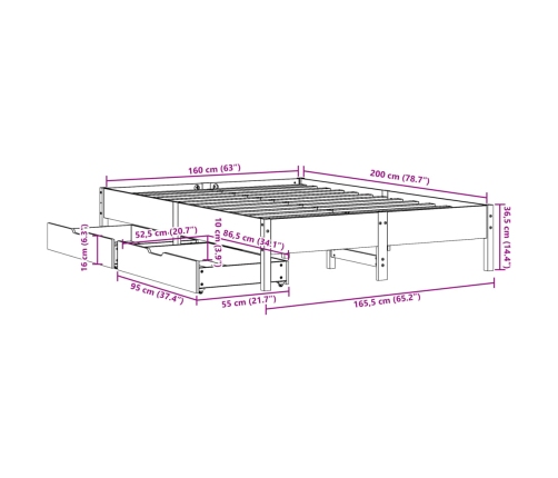 Cama sin colchón madera maciza de pino marrón cera 160x200 cm