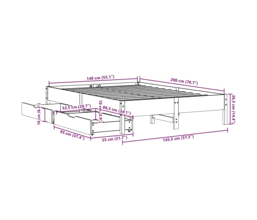 Cama sin colchón madera maciza de pino marrón cera 140x200 cm