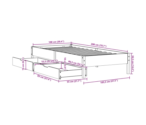 Estructura de cama sin colchón madera maciza de pino 100x200 cm